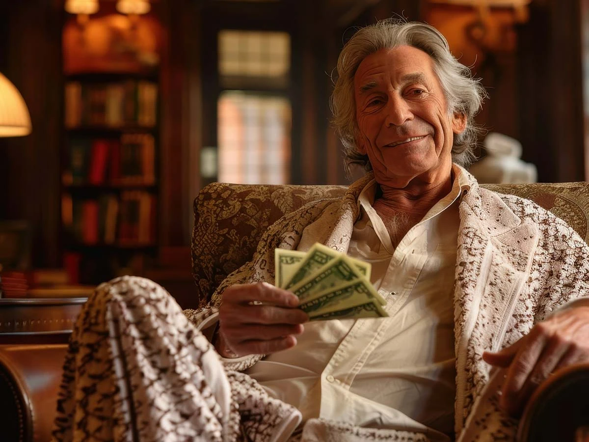 A happy senior man in a relaxed home setting holding Brazilian Real banknotes, representing successful retirement savings and pension planning.