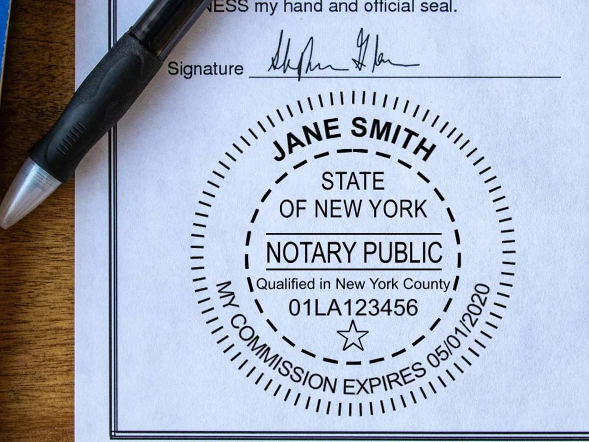 Close-up of an official Notary Public seal and signature on a legal document for international apostille verification.