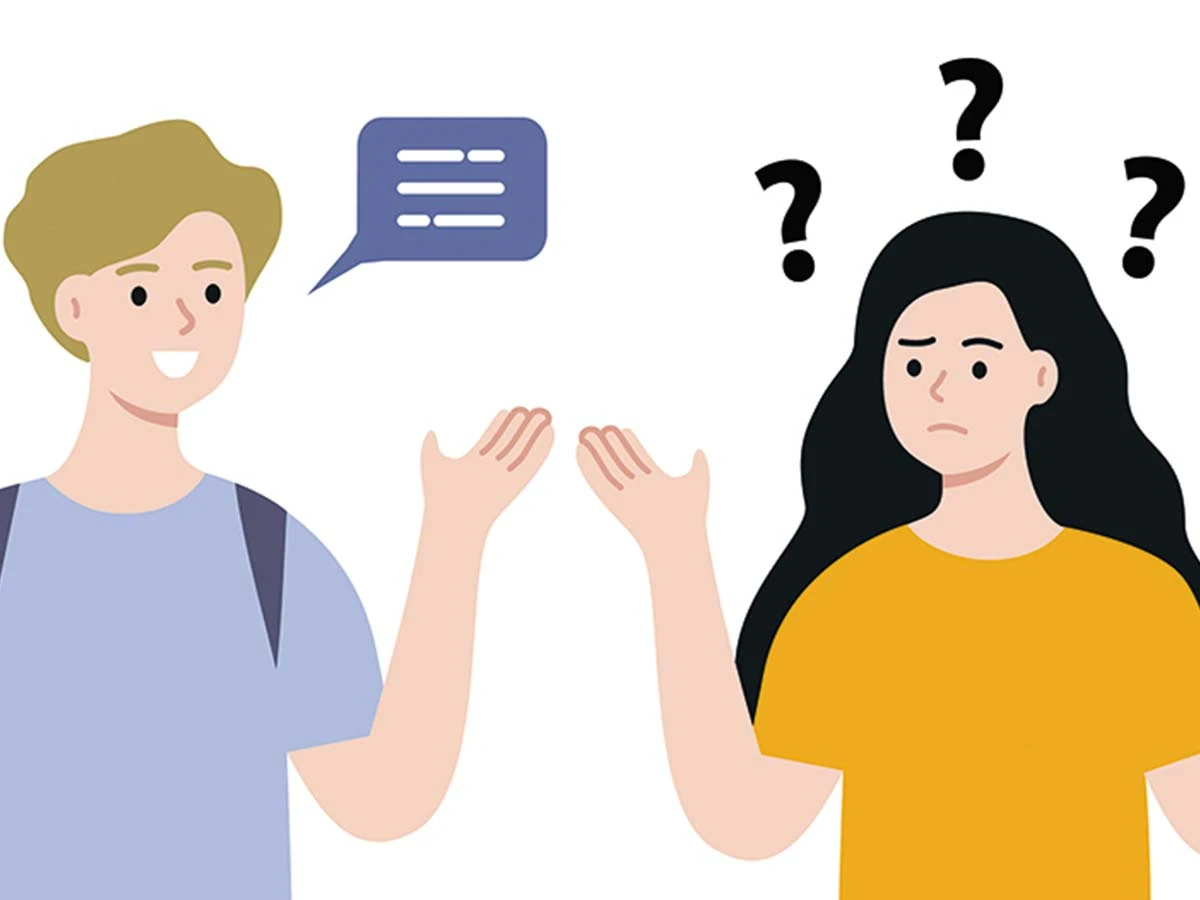 An illustration of two people with question marks, symbolizing the language barrier challenges for expats learning Portuguese in Brazil.