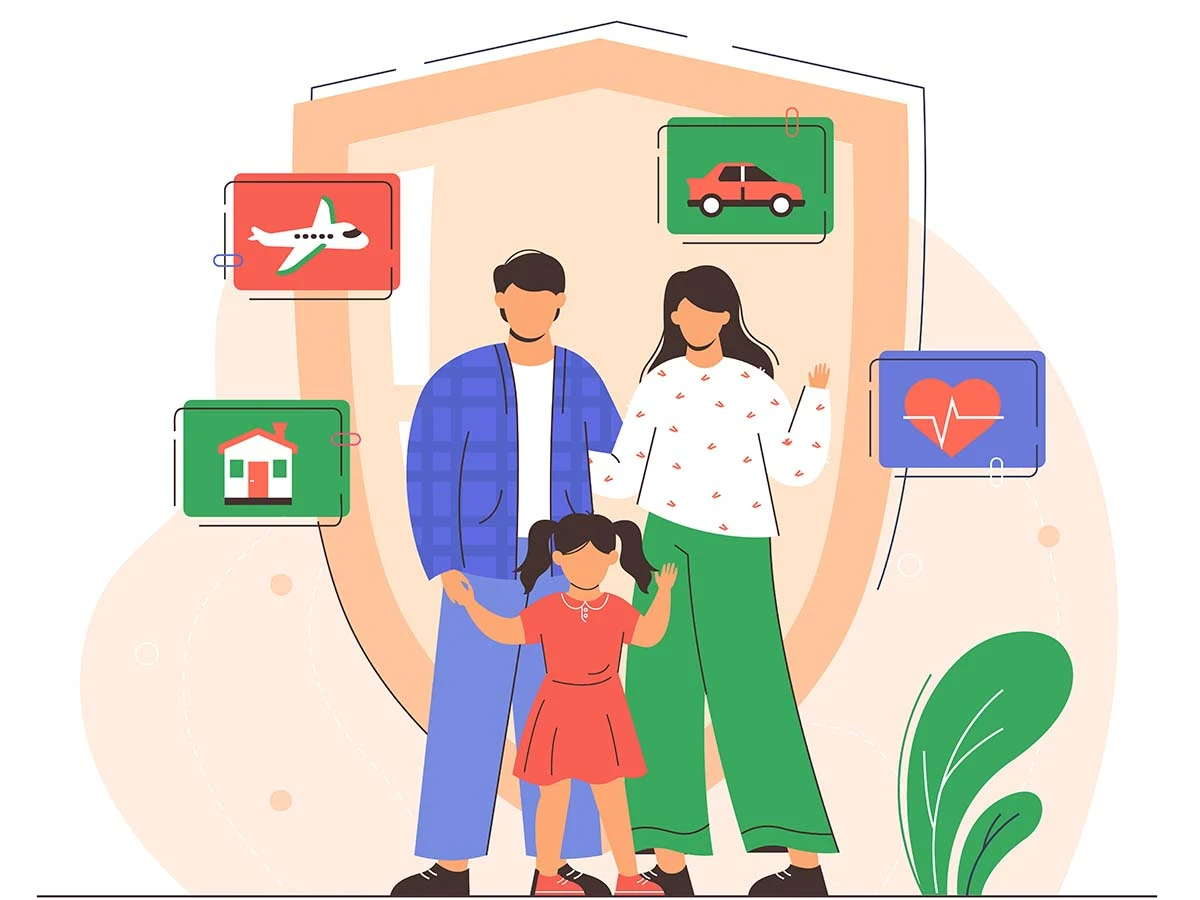 An illustration of a family under a protective shield with health and financial icons, representing the security of social security benefits for expats in Brazil.
