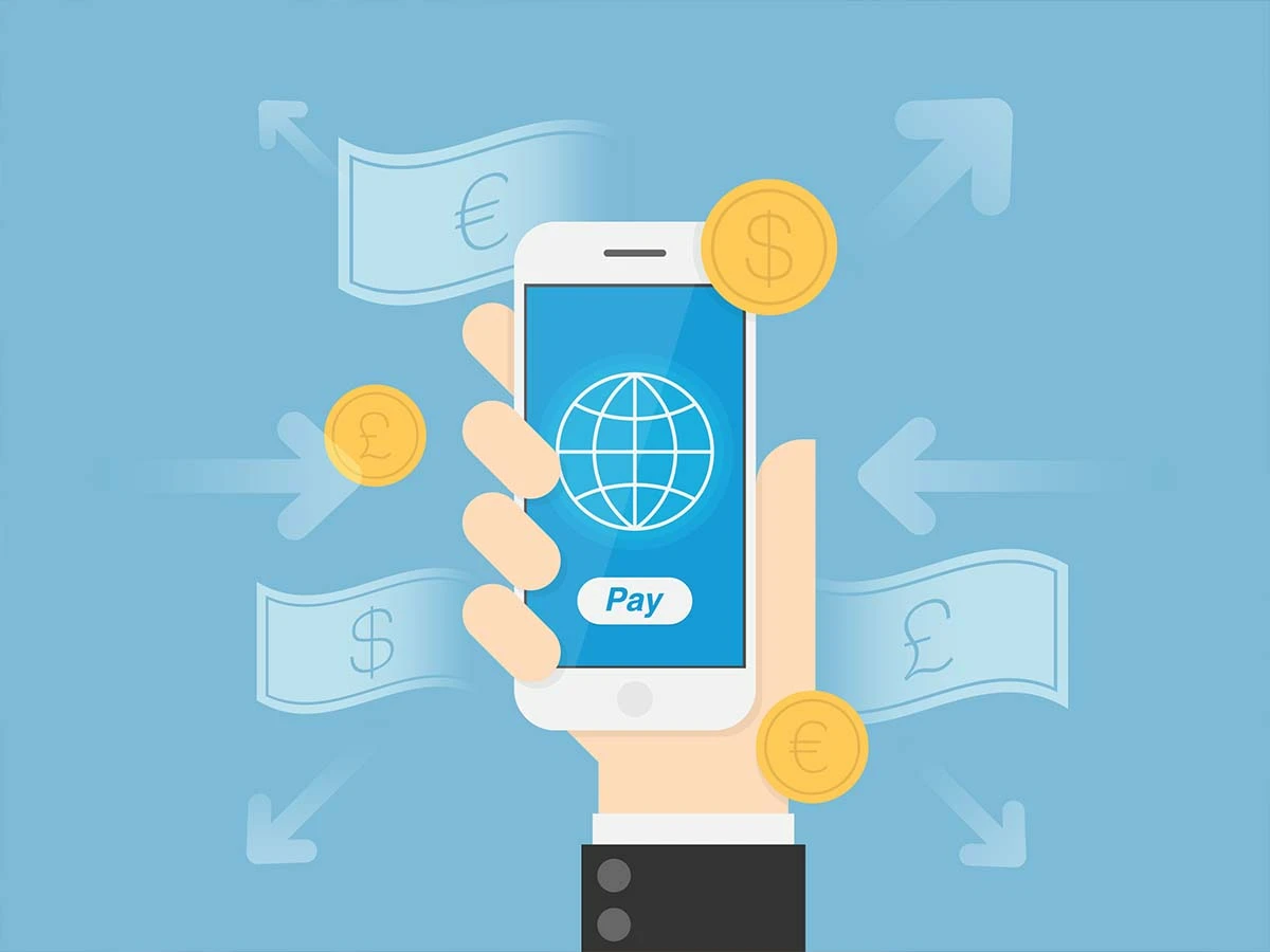 An illustration of a global digital money transfer app, representing international currency exchange and services like Wise for expats.