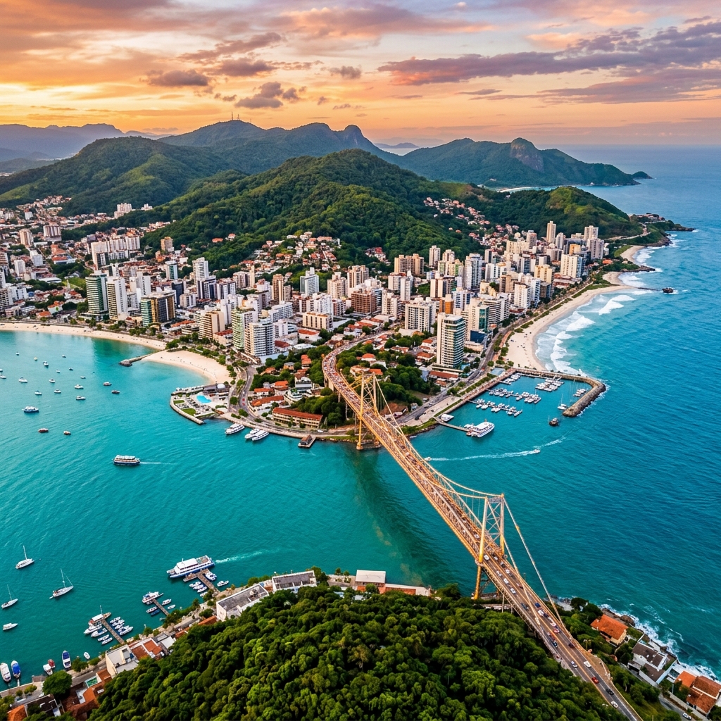 Aerial view of Florianópolis island visually paralleling Honolulu, HI - Retire Brazil City Intelligence