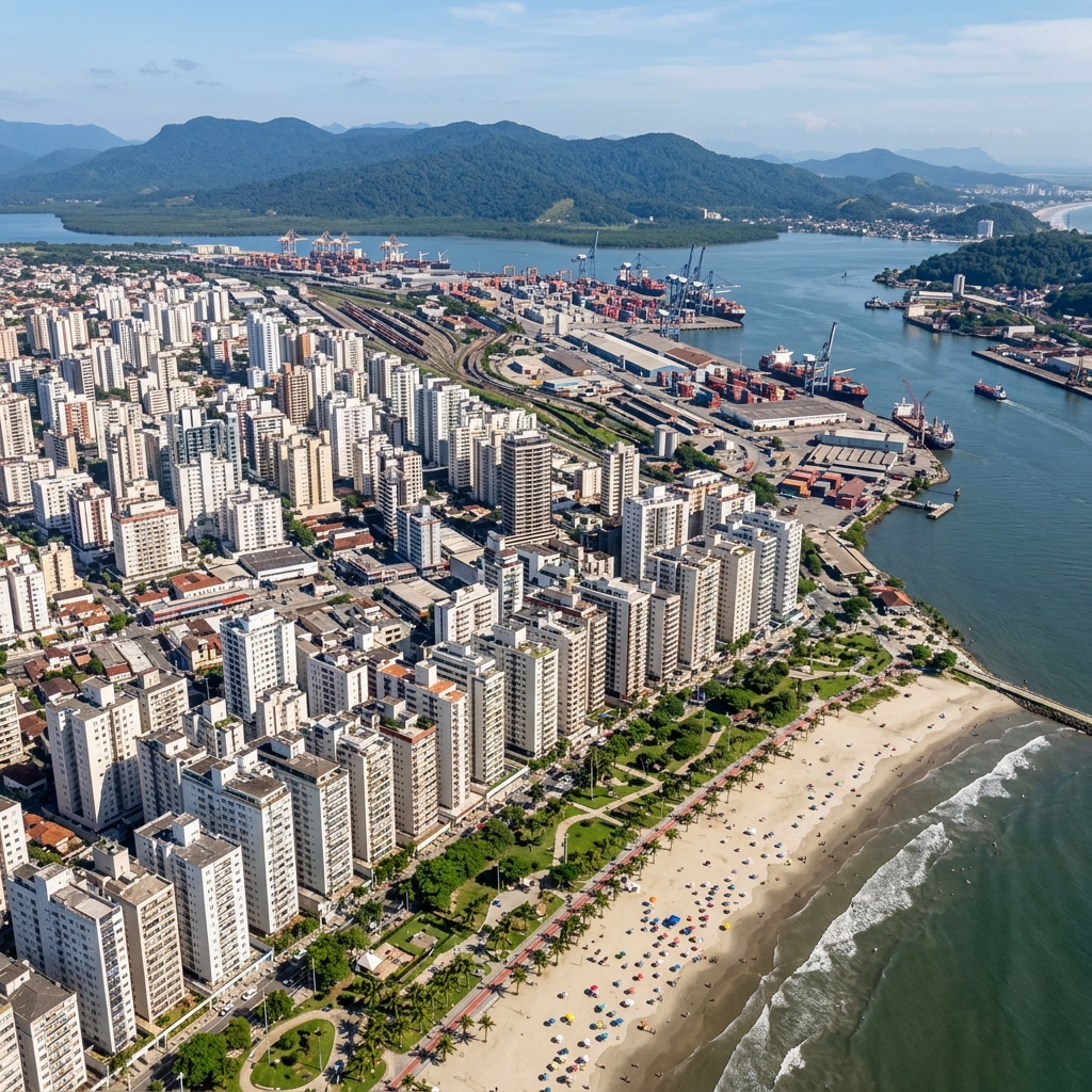 Skyline and port infrastructure of Santos visually paralleling Jersey City, NJ - Retire Brazil City Intelligence